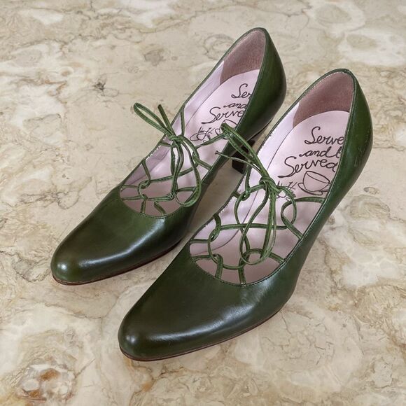 John Fluevog Teapots Darjeeling Leather Pumps Heels Olive Green - Picture 4 of 15